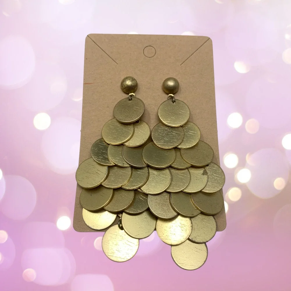 Vintage Y2K Gold Tone Dangle Fishscale Pierced Earrings Avant Garde Statement